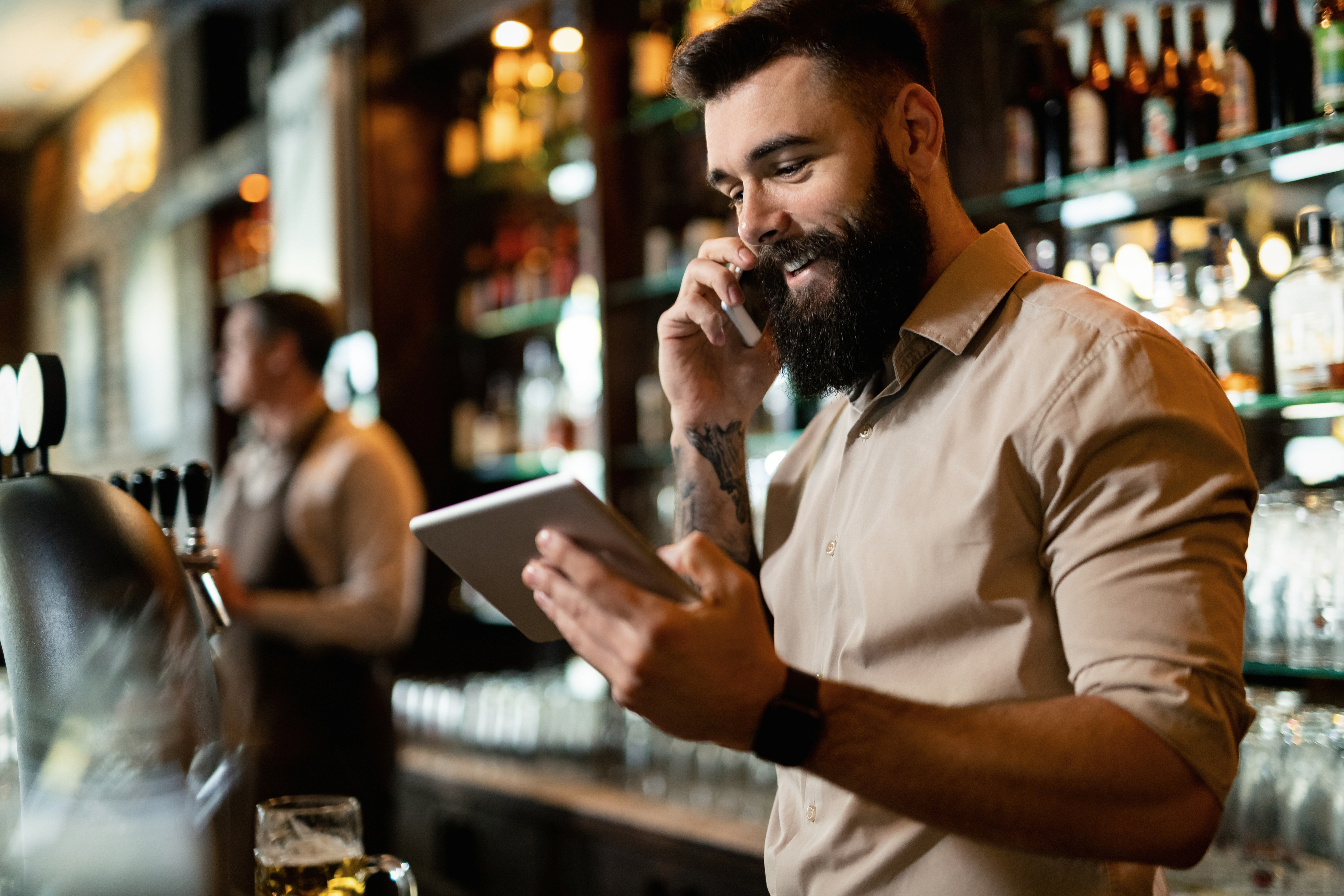 AMEP Execution Phase - Field sales professional using tablet and smartphone for real-time data collection, market execution tasks, and mobile field service management