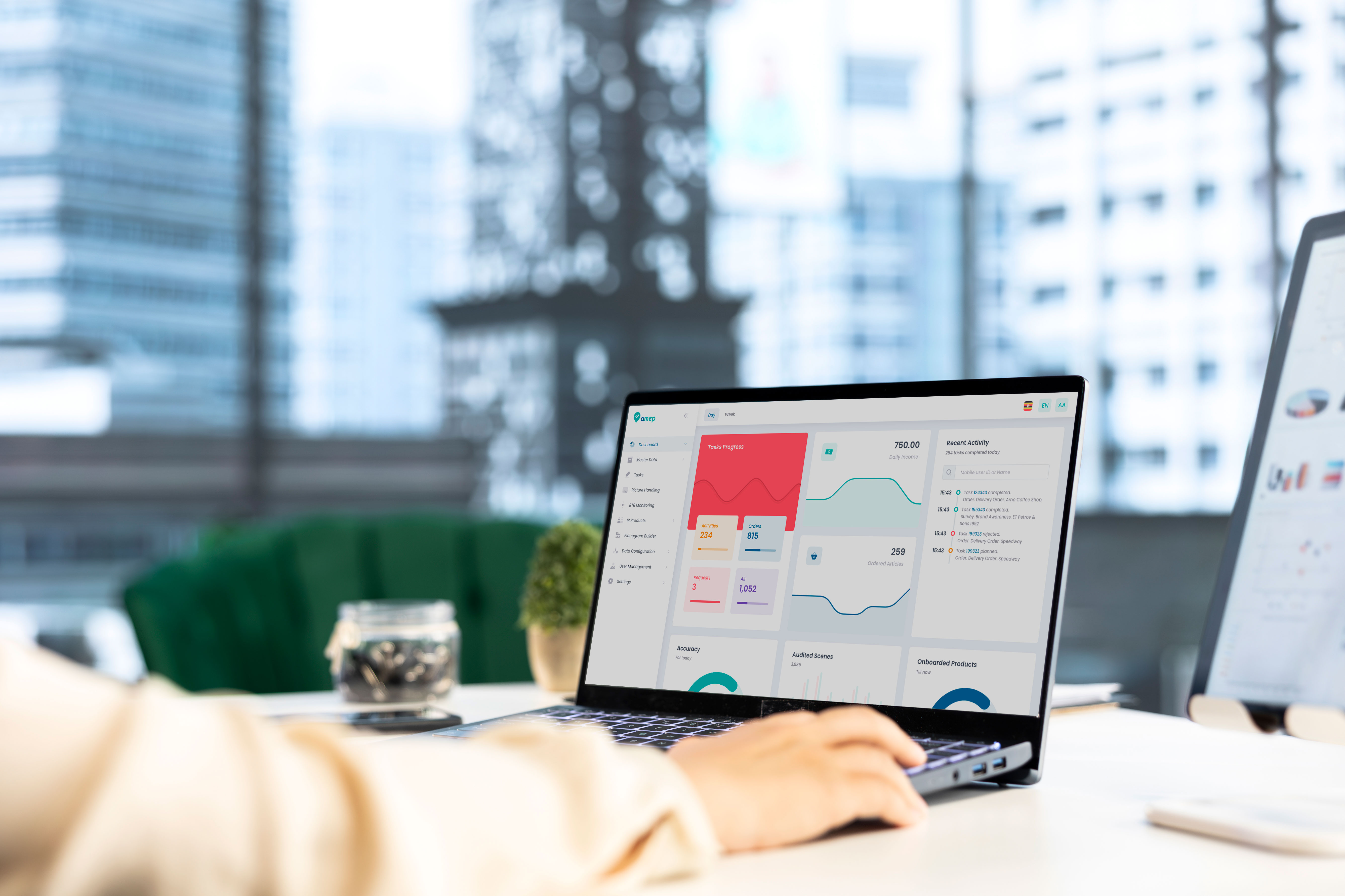 AMEP Monitoring and Reporting Dashboard - Advanced analytics interface displaying KPI metrics, data visualizations, business intelligence charts for market execution performance tracking and ROI analysis
